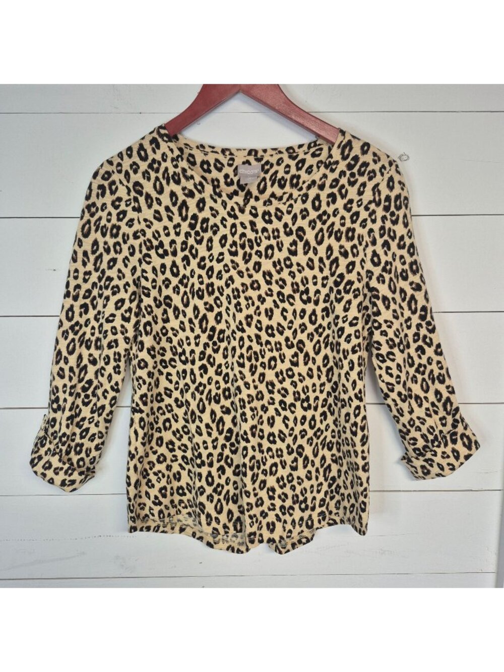 Chicos Leopard Print 3/4 Sleeve Top XS 00 Beige & Black Lightweight Cotton Blend